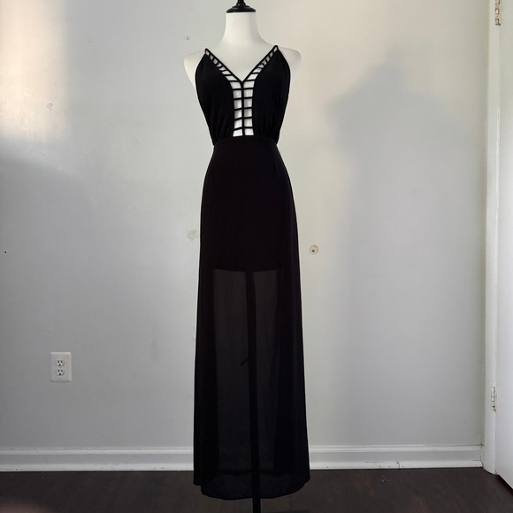 FOREVER 21 Black Sheer Deep V-Neck Mini/Maxi Dress Womens Sz‎ S, Prom Event - Picture 1 of 6